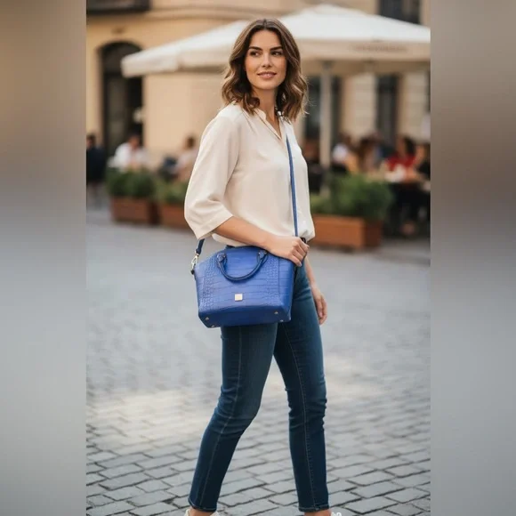 MCM Blue Croc-Embossed Leather Satchel Shoulder Bag EUC - Picture 3 of 8